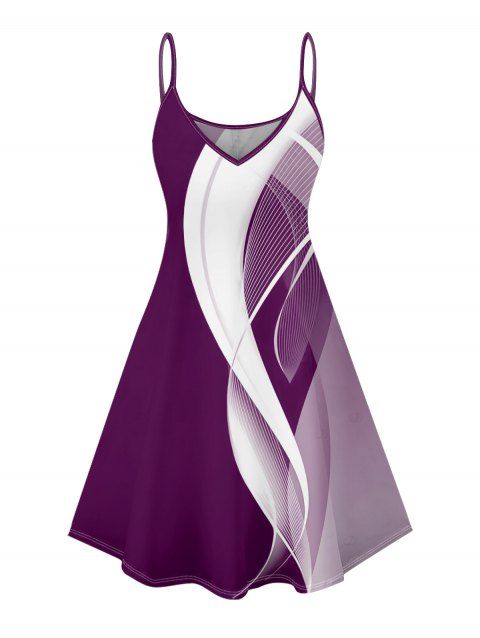 Robe d'été sans manches à imprimé lignes abstraites, col en V, taille haute, bretelles spaghetti, coupe trapèze