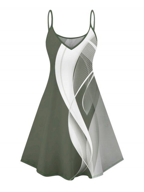 Robe d'été sans manches à bretelles spaghetti et col en V, imprimé lignes abstraites, taille haute, coupe trapèze