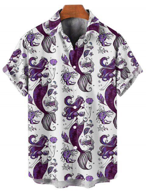 Chemise de vacances pour homme à motif sirène, coquillage, vie marine, boutonnée, retroussée, manches courtes, pour la plage
