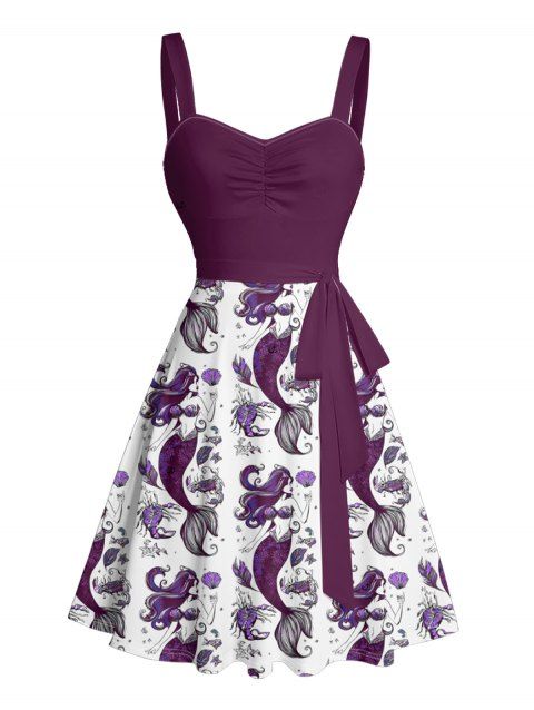 Robe de plage courte à imprimé sirène et coquillages, motif vie marine, buste froncé, ceinture, décolleté en cœur