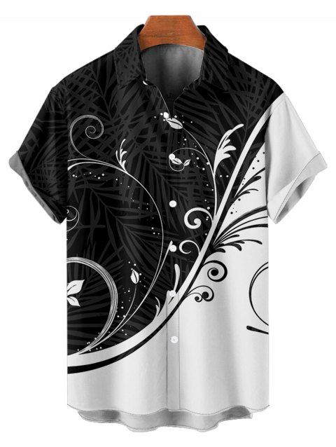 Chemise à manches courtes à imprimé feuilles colorblock, col rabattu et boutonnée, chemise de vacances