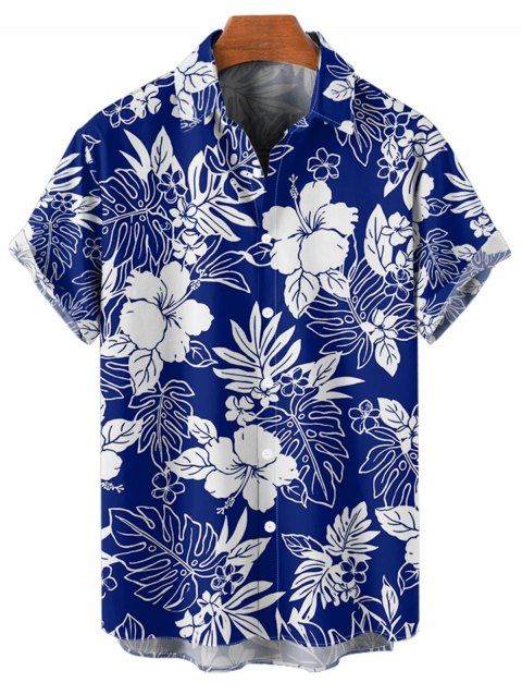 Chemise de vacances pour homme à motif de fleurs d'hibiscus et de feuilles, boutonnée et retroussée, décontractée, à manches courtes