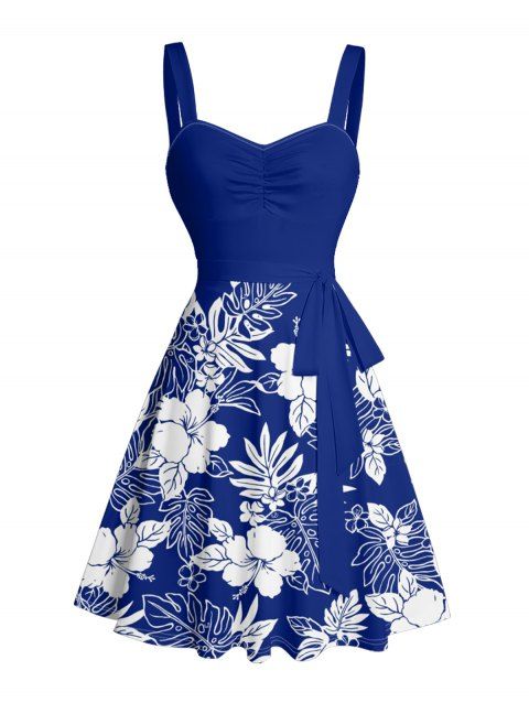 Robe de vacances à motif de feuilles d'hibiscus, buste froncé, ceinture, col en cœur, coupe trapèze, mini, décontractée