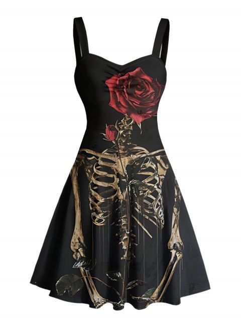 Robe gothique à motif de roses squelettes, buste froncé, col en cœur, mini robe de vacances trapèze