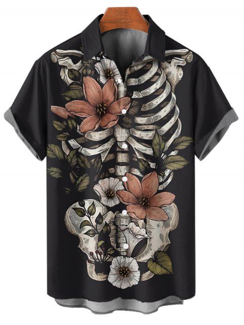 Chemise gothique à manches courtes et boutons pour homme, motif squelette, fleurs et feuilles, style vacances