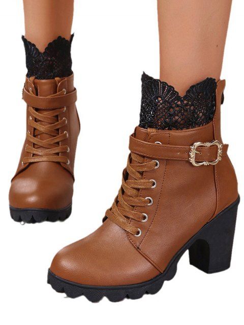 Lace Panel Buckle Strap Lace Up Boots Back Zipper Chunky Heels Outdoor Boots