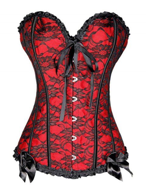 Body à volants et nœud papillon en dentelle fleurie, corset vintage à lacets et col en cœur, color block