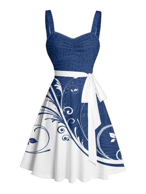 Colorblock Leaf Print Belted Mini Dress Sleeveless Ruched Bust Vacation Dress