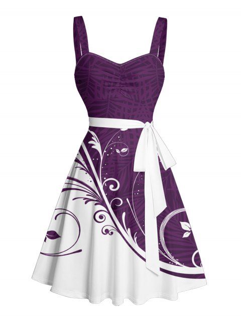 Robe courte ceinturée à imprimé feuilles colorblock, sans manches, buste froncé, robe de vacances