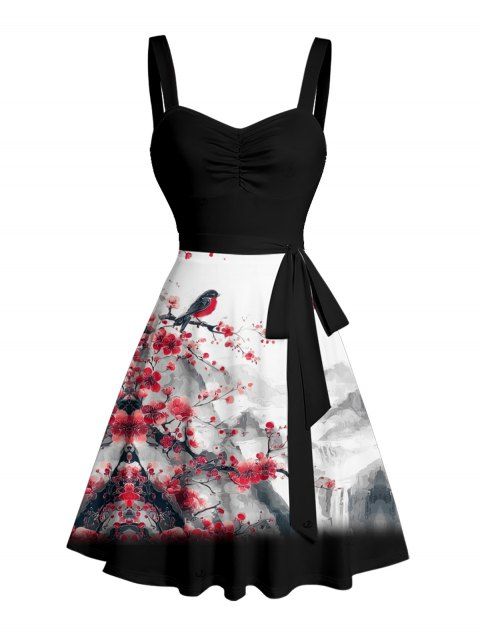 Robe de vacances à imprimé floral de pêcher, motif oiseau et montagne, buste froncé, ceinture, décolleté en cœur, coupe trapèze, mini, décontractée