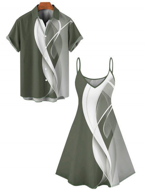 Abstract Lines Print V Neck High Waist Spaghetti Strap Dress and Roll Up Sleeve Shirt Outfit