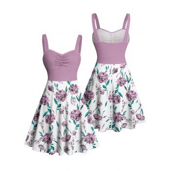 Floral Leaf Pattern Colorblock Ruched Bust Vacation Dress Sweetheart Neck A Line Mini Casual Dress