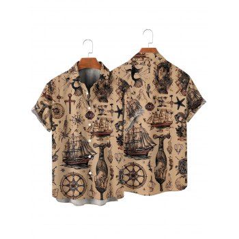 Men's Ocean Elements Ship Anchor Cross Pattern Vacation Shirt Button Up Roll Up Short Sleeve Vintage Shirt