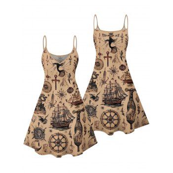 Ocean Elements Ship Anchor Cross Pattern Vacation Dress Spaghetti Strap V Neck A Line Mini Vintage Tank Dress