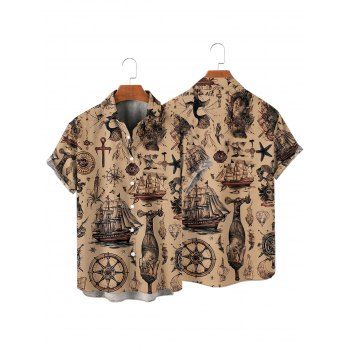 Vacation Couple Outfit Ocean Elements Ship Anchor Cross Pattern Spaghetti Strap Tank Dress and Button Up Shirt Vintage Matching Outfit