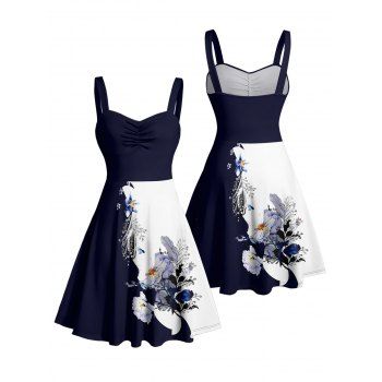 Contrast Color Flower Leaf Pattern Ruched Bust Vacation Dress Sweetheart Neck A Line Mini Casual Dress