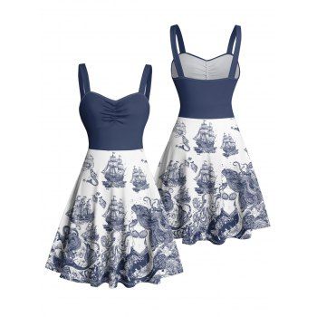 Marine Life Mermaid Ship Octopus Wave Pattern Ruched Bust Vacation Dress Sweetheart Neck A Line Mini Beach Dress