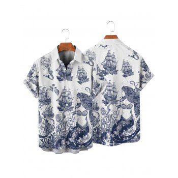 Vacation Couple Outfit Marine Life Mermaid Ship Octopus Wave Pattern Ruched Bust Dress and Button Up Shirt Beach Matching Outfit