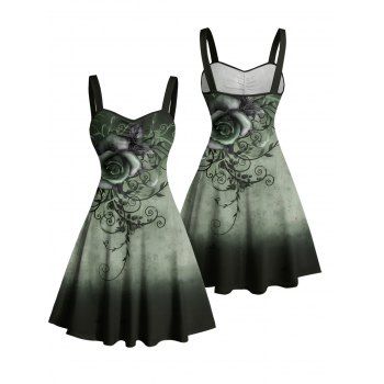 Ombre Flower Leaf Swirl Pattern Ruched Bust Vacation Dress Sweetheart Neck A Line Mini Casual Dress