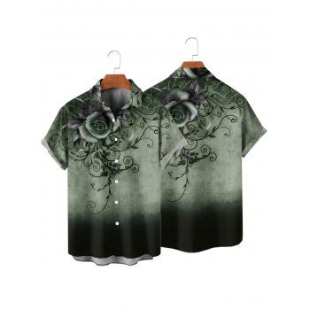 Vacation Couple Outfit Ombre Flower Leaf Swirl Pattern Ruched Bust Sweetheart Neck A Line Mini Dress and Button Up Shirt Casual Matching Outfit