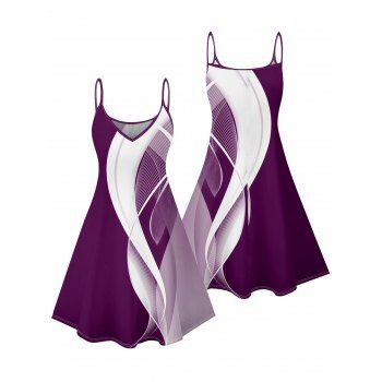 Abstract Lines Print V Neck High Waist Spaghetti Strap Dress Sleeveless Summer A Line Cami Dress