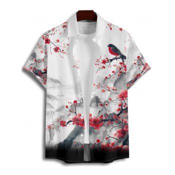 Men's Ink Painting Peach Blossom Bird Mountain Pattern Vacation Shirt Button Up Roll Up Short Sleeve Casual Shirt