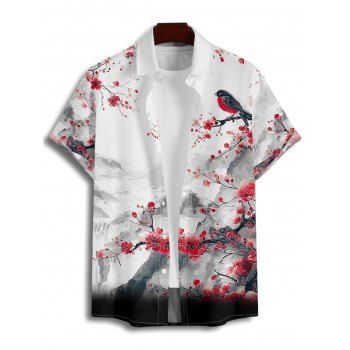 Vacation Couple Outfit Ink Painting Peach Blossom Bird Mountain Pattern Ruched Bust Belt Dress and Button Up Shirt Matching Outfit