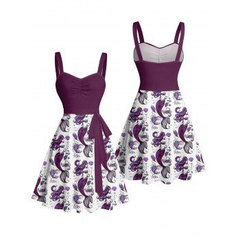 Colorblock Mermaid Fish Shell Marine Life Pattern Ruched Bust Belt Vacation Dress Sweetheart Neck A Line Mini Beach Dress