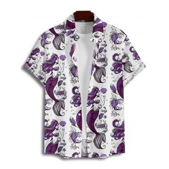 Vacation Couple Outfit Mermaid Fish Shell Marine Life Pattern Ruched Bust Belt Dress and Button Up Shirt Beach Matching Outfit