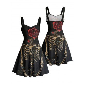 Skeleton Rose Pattern Ruched Bust Gothic Dress Sweetheart Neck A Line Mini Holiday Dress