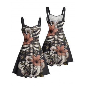 Skeleton Flower Leaf Pattern Ruched Bust Gothic Dress Sweetheart Neck A Line Mini Holiday Dress