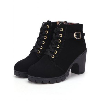 Solid Color Lace Up Buckle Strap Boots Chunky Heels Side Zipper Martin Boots