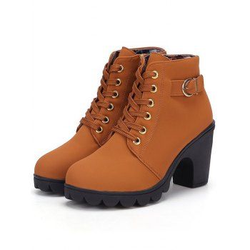 Solid Color Lace Up Buckle Strap Boots Chunky Heels Side Zipper Martin Boots