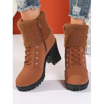 Knitted Faux Pearl Rhinestone Geometric Embellishment Boots Lace Up Side Zipper Chunky Heels Outdoor Boots