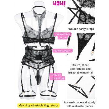 3pcs Lingeries Set Solid Color Lace Panel See Thru Hollow Out Underwire Bra T Thongs Lingeries