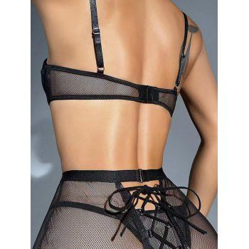 4pcs Lingeries Set Solid Color See Thru Mesh Push Up Crossover T Thongs Lace Up Lingeries