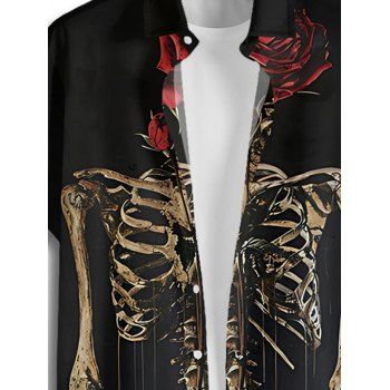 Men's Skeleton Rose Pattern Gothic Shirt Button Up Roll Up Short Sleeve Holiday Shirt