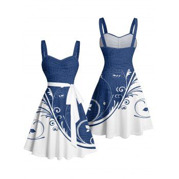 Colorblock Leaf Print Belted Mini Dress Sleeveless Ruched Bust Vacation Dress