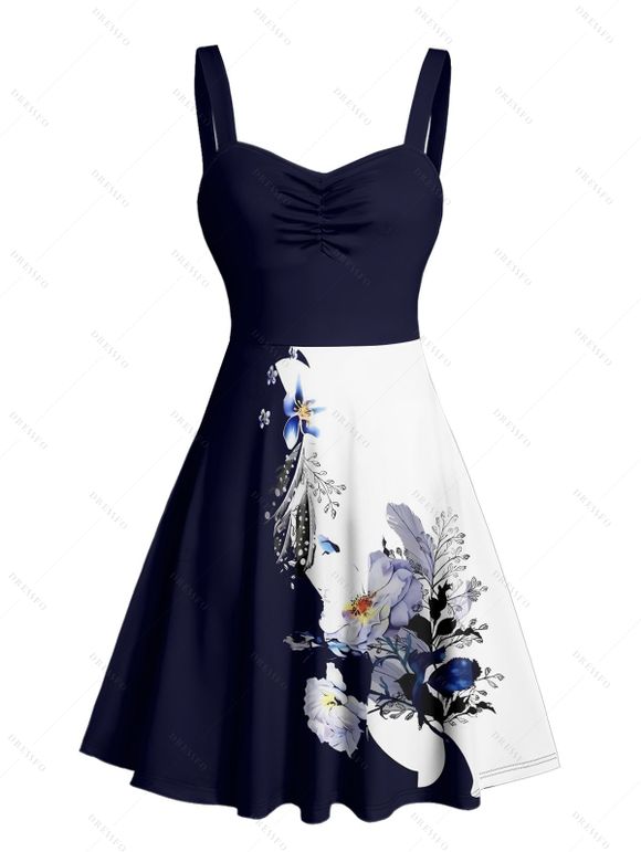 Robe de vacances à motif de feuilles et de fleurs de couleur contrastée, buste froncé, col en cœur, robe trapèze décontractée mini - Bleu profond XXXXXL | US 20
