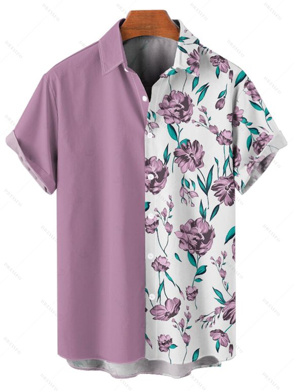 Chemise de vacances à motif floral et feuilles pour homme, décontractée, boutonnée et retroussée, à manches courtes - Violet clair 5XL
