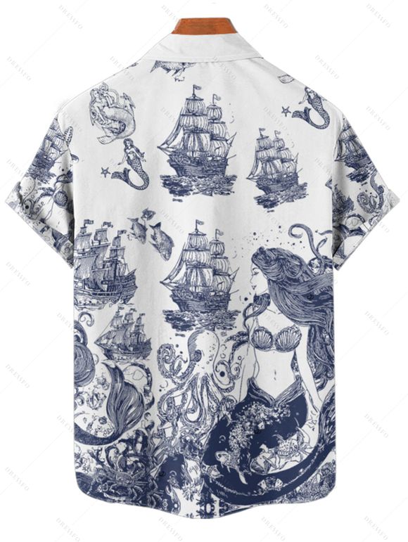 Chemise de plage à manches courtes et boutons pour homme, motif sirène, bateau, poulpe, vagues, vacances - Blanc 4XL