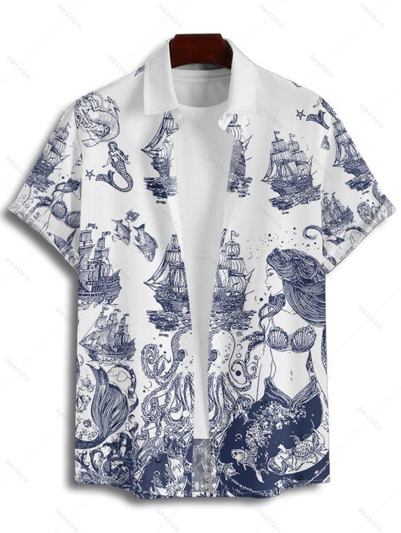 Chemise de plage à manches courtes et boutons pour homme, motif sirène, bateau, poulpe, vagues, vacances - Blanc 4XL