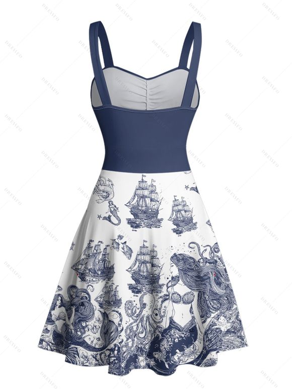 Robe de plage courte à col en cœur et motif sirène, motif pieuvre et vagues, motif de vacances, buste froncé - Bleu profond XL | US 12