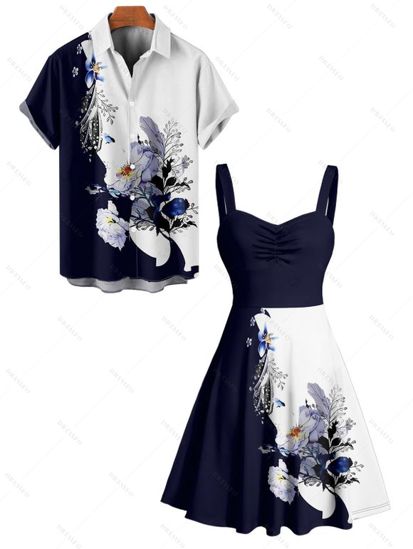 Vacation Couple Outfit Contrast Color Flower Leaf Pattern Ruched Bust Dress and Button Up Shirt Casual Matching Outfit - Bleu profond S | US 4