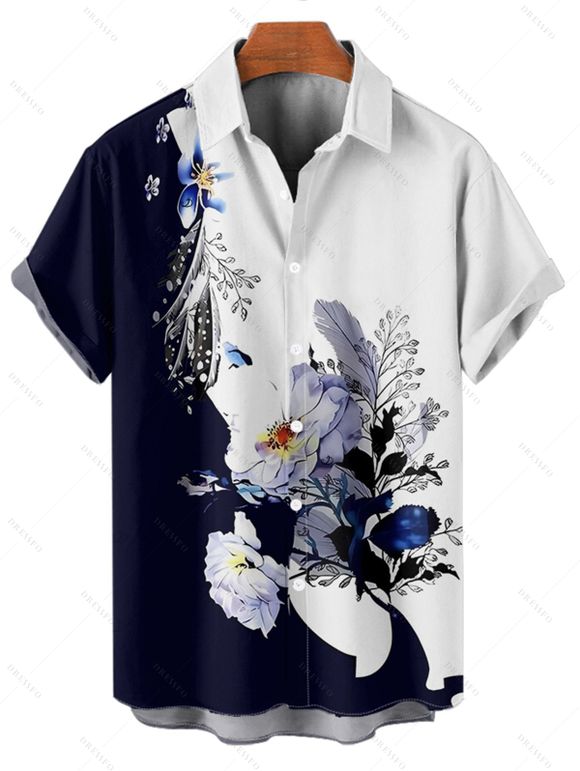 Chemise de vacances à manches courtes et boutons pour homme, décontractée, à motif floral et feuilles, de couleur contrastée - Bleu profond 5XL