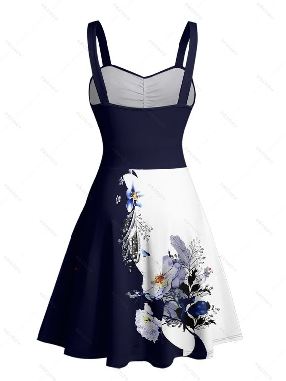 Vacation Couple Outfit Contrast Color Flower Leaf Pattern Ruched Bust Dress and Button Up Shirt Casual Matching Outfit - Bleu profond S | US 4