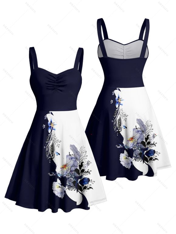 Vacation Couple Outfit Contrast Color Flower Leaf Pattern Ruched Bust Dress and Button Up Shirt Casual Matching Outfit - Bleu profond S | US 4