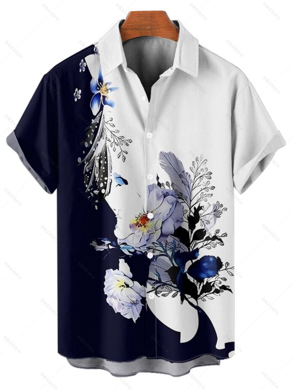 Vacation Couple Outfit Contrast Color Flower Leaf Pattern Ruched Bust Dress and Button Up Shirt Casual Matching Outfit - Bleu profond S | US 4