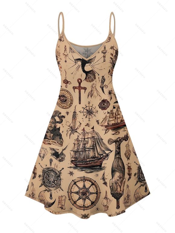 Robe de vacances à motif croisé et ancre de navire Ocean Elements, bretelles spaghetti, col en V, coupe trapèze, mini-robe vintage - café XXXXXL | US 20