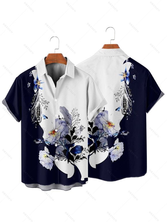 Vacation Couple Outfit Contrast Color Flower Leaf Pattern Ruched Bust Dress and Button Up Shirt Casual Matching Outfit - Bleu profond S | US 4